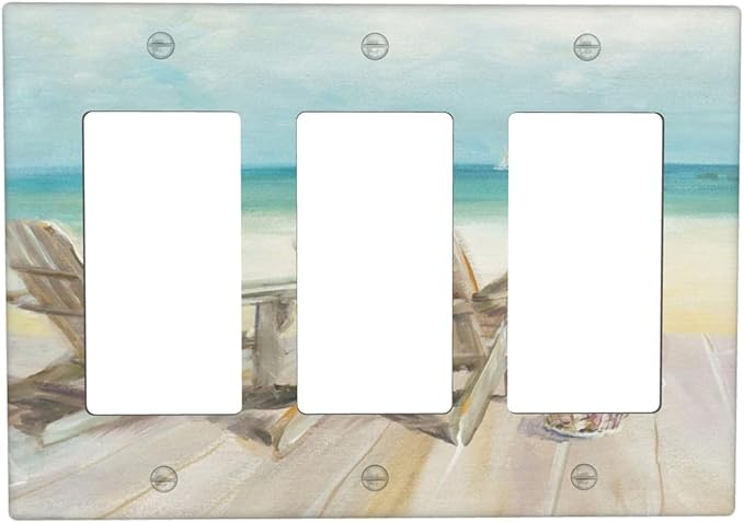 Light Switch Cover Beach Chair Seascape Blue Ocean 3 Gang Wall Plate Triple Light Switch Plate Modern Coastal Rocker GFCI Outlet Covers Decorative Receptacle Cover for Bathroom Bedroom Decor