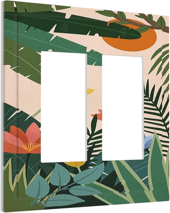 Decorative Outlet Covers Boho Tropical Plant Floral Pattern 2 Gang Double GFCI Rocker Electrical Wall Panels Light Switch Cover Plate for Bedroom Cabin Decor