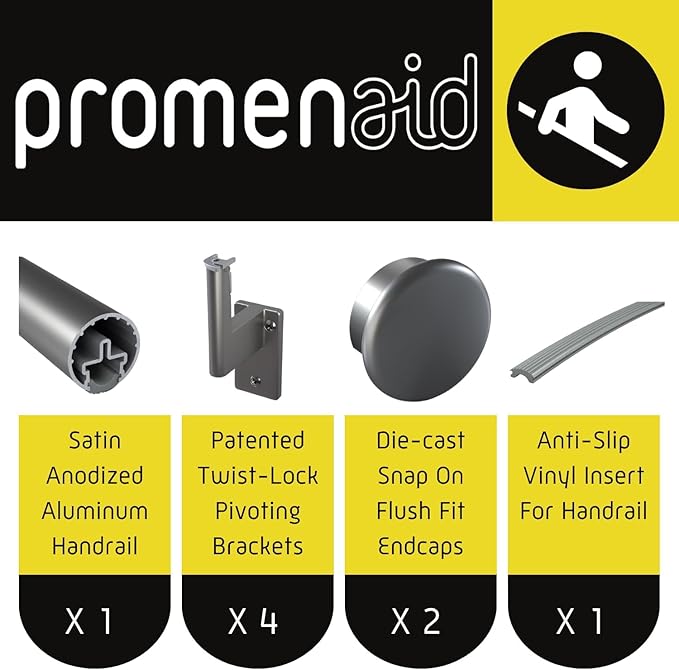 Promenaid 12ft Flush Handrail Kit - Champagne - Complete Indoor/Outdoor Handrail for Stairs - 1.6" Round Anodized Aluminum Railing with 4 Champagne Painted Pivoting Wall Brackets & Flush Endcaps