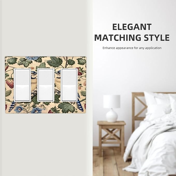 Light Switch Covers Vintage Floral Bird Strawberry Thief William Morris 3 Gang Rocker Electrical GFCI Decorative Triple Outlet Wall Plate Cover Switchplate for Bedroom Home Decor