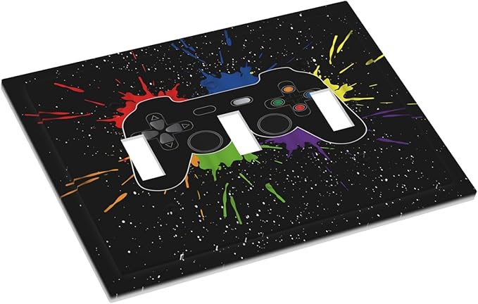 Classic Videogames Controller Black Splash Ink Colorful Decorative Switch Plates 3 Gang Wall Plate Triple Toggle Light Switch Cover Faceplate Electrical Wall Panels for Kids Room Nursery Decor