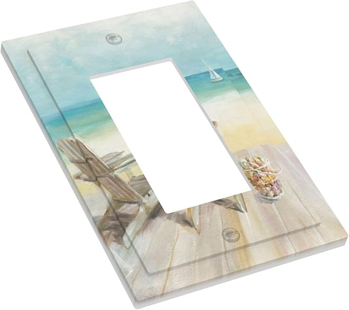 Outlet Covers Beach Chair Seascape Blue Ocean 1 Gang Wall Plate Single Rocker Light Switch Cover Modern Coastal Decorative GFCI Receptacle Cover Electrical Switchplate for Bathroom Bedroom
