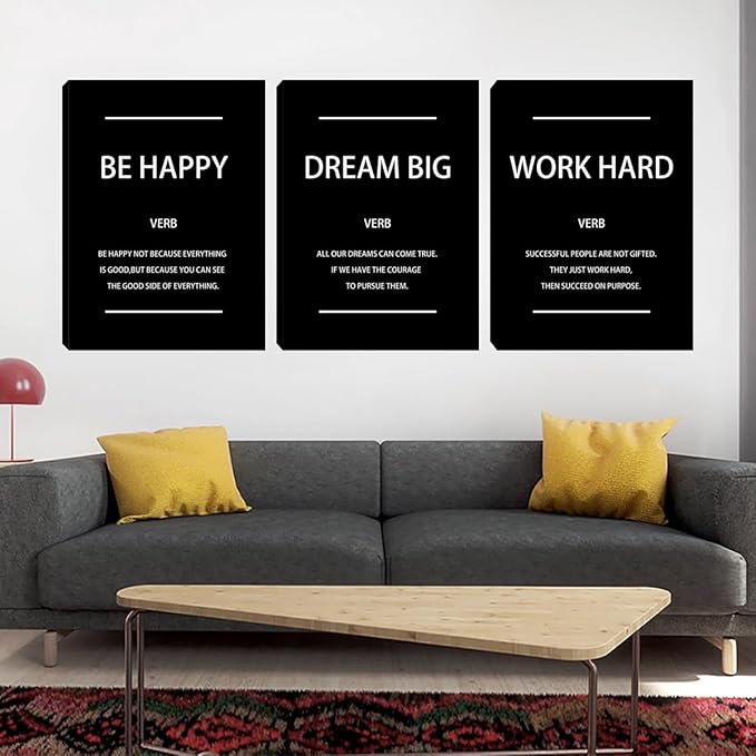 Unbruvo Motivational Office Wall Art, 3 Pieces Inspirational Canvas Wall Art, Dream Big Be Happy Work Hard Prints Poster Wall Decor for Living Room BedRoom Dorm(72" Wx36 H)