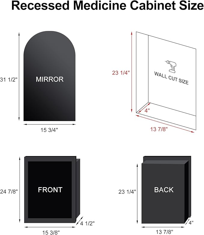 Recessed Medicine Cabinet Mirrors for Bathroom,Arched Medicine Cabinet with Mirror,Metal Edge Bathroom Mirror with Storage,Brushed Nickel Mirrored Cabinet,Open from Left to Right,16x31