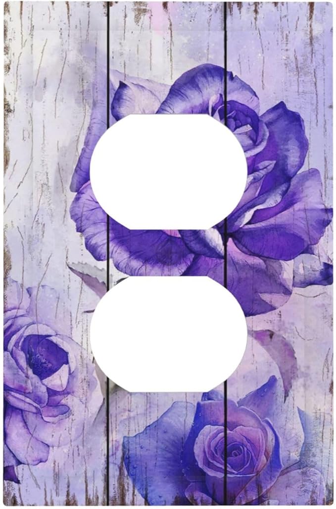 Outlet Covers Purple Rose Flower Rustic Wood Plank 1 Gang Duplex Light Switch Cover Plate Decorative Wall Plates Electrical Switchplate Receptacle Cover for Farmhouse Bathroom Decor