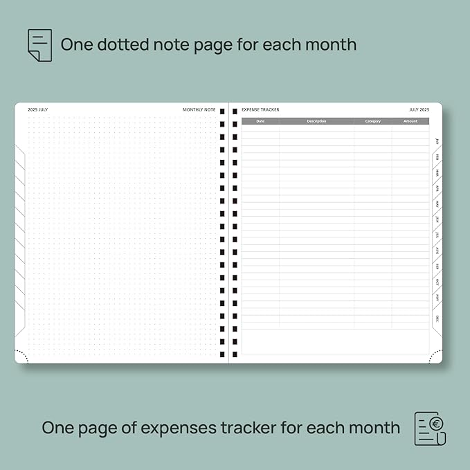 POPRUN Monthly Planner 2025-2026 Spiral Bound (8.5'' x 10.5'') 18 Months Calendar (Jul 2025 - Dec 2026) - 4 Pages per Month with Monthly Expense & Notes, Sunday Start, Leather Cover - Green