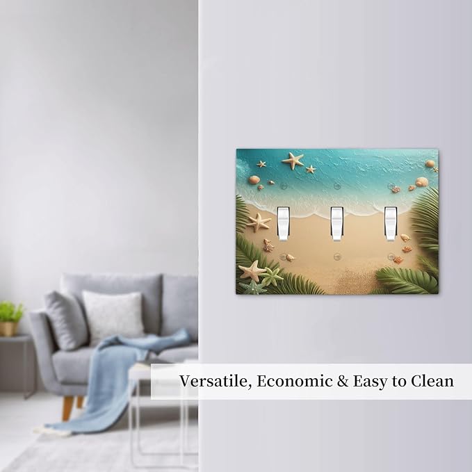 Decorative Switch Plates Summer Beach Themed Starfish Seashells 3 Gang Wall Plate Triple Toggle Light Switch Cover Faceplate Electrical Wall Panels for Bedroom Bathroom Decor