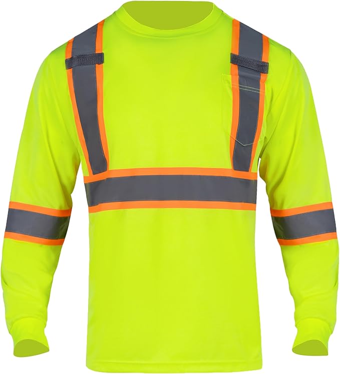 FONIRRA Hi Vis Shirts for Men Reflective ANSI Class 2 Safety Long Sleeve High Visibility Work Construction T Shirts Yellow