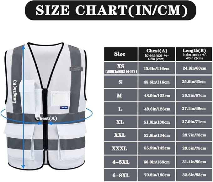 A-SAFETY Hi Reflective Safety Vest,Hi Vis Bright Neon Colors Safety Vest with 4 Reflective Strips 7 Pockets(White XL)
