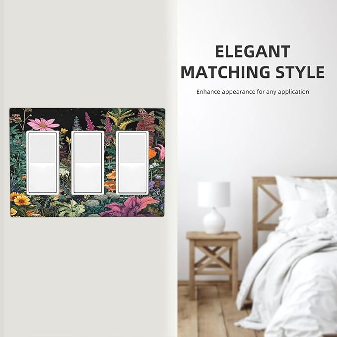 Decorative Outlet Covers Colorful Floral Dark Sky Wildflower Plants 3 Gang Gfci Wall Plate Triple Rocker Light Switch Cover Plate Switch Plate Covers for Bathroom Decor