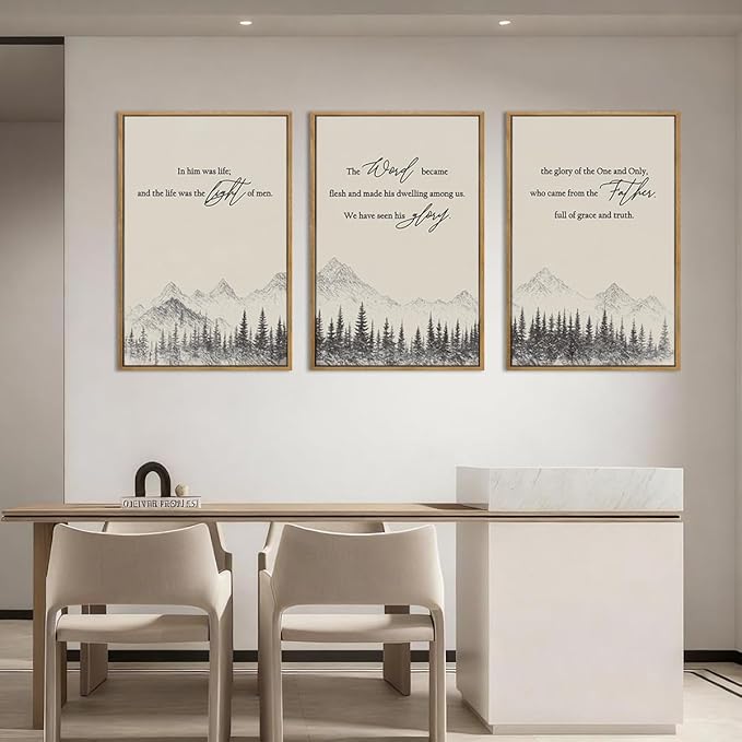IARTTOP Large Christian Framed Wall Art 16x24 Inch Neutral Mountain Forest Canvas Wall Decor Jesus Bible Verse Catholic Biblical Scripture Prints for Prayer room Living room Set of 3
