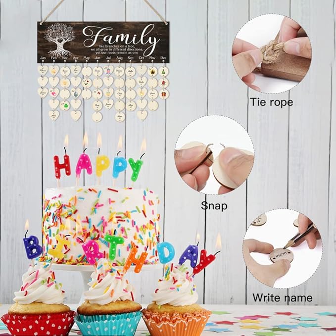CHDITB Family Birthday Reminder Calendar Board(16”x5), DIY Birthday Gifts for Mother’s Day Valentine's Day, Wooden Family Friends Birthday Tracker Wall Hanging with 100 Heart/Circle Tags (Brown)