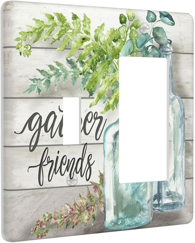 Light Switch Cover Watercolor Modern Flower 2 Gang Toggle Rocker Combo Wall Plates Floral Plant Wood Decorative Switch Plates and Outlet Covers Receptacle Cover for Farmhouse Bathroom Decor