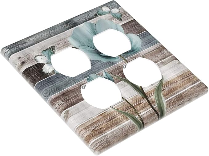 Teal Flora Flowers and Butterfly Wooden Style Outlet Covers 2-Gang Duplex Light Switch Cover Plate Decorative Gfci Wall Plate Electrical Receptacle Switchplate Plug Faceplate for Bedroom Decor