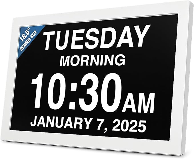 American Lifetime New 2025 Dementia Clock Large Digital Clock for Seniors, Digital Calendar Large Display, Custom Alarms, Clock with Day & Date for Elderly 18.5 Inches White