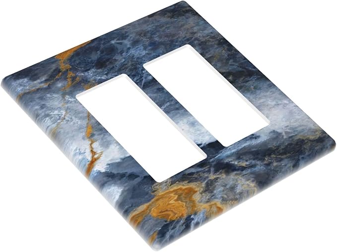 Decorative Outlet Covers Gold Dark Blue Gilt Haze Marble 2 Gang Light Switch Cover Plate Double Rocker Wall Plate Gfci Switch Plate Covers for Bathroom Decor