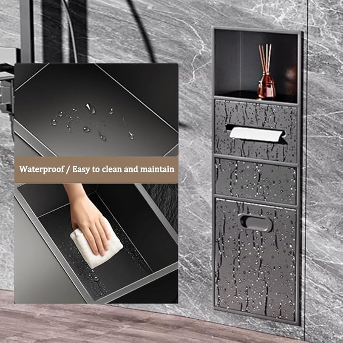 Recessed Stainless Steel Shower Organizer with Trash Can - Double-Tier Waterproof Shelf (White, 63x20x13.5cm) for Space-Saving Bathroom Storage Solutions