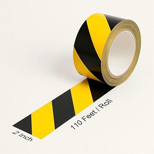 2 Inch x 110FT Black & Yellow Warning Tape Caution Tape | Strong Adhesive, Waterproof, Wear Resistant, Durable Safety Stripe for Floors Walls Stairs Industrial Home Garage Factory Equipment