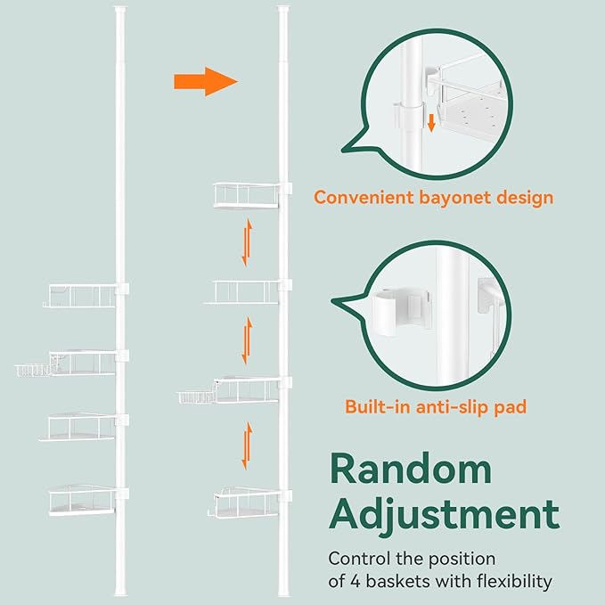 Corner Shower Caddy Tension Pole, 4 Tier Rustproof Shower Tension Rod Organizer, Adjustable 25-125 Inch Bathroom Shower Organizer Shelves for Bathtub Shampoo Storage, White