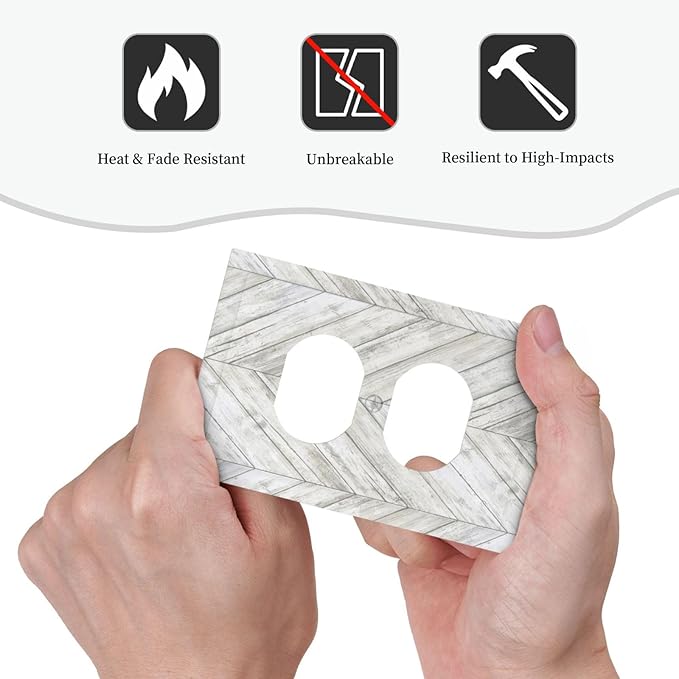 Rustic White Gray Herringbone Wood 1 Gang Outlet Plate Covers Decorative Single Duplex Wall Plate Vintage Country Electrical Faceplate Light Switch Cover Switchplate for Farmhouse Living Room Decor
