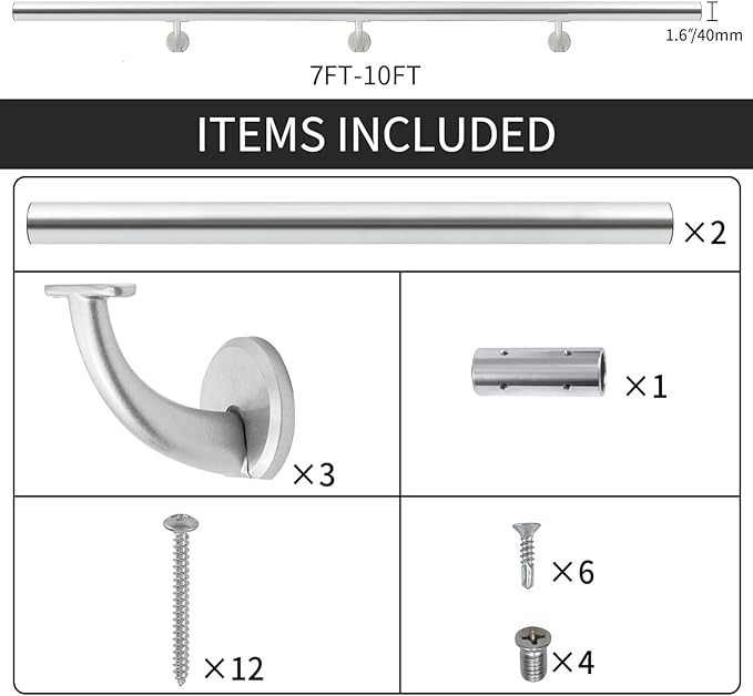 10FT Modern Aluminum Handrail Set, handrails for Indoor Stairs,Deck,Slope, Wall Mounted Staircase handrails, Zink Alloy Brackets Included,Rust Free. (Anodized Silver, 10 FT)