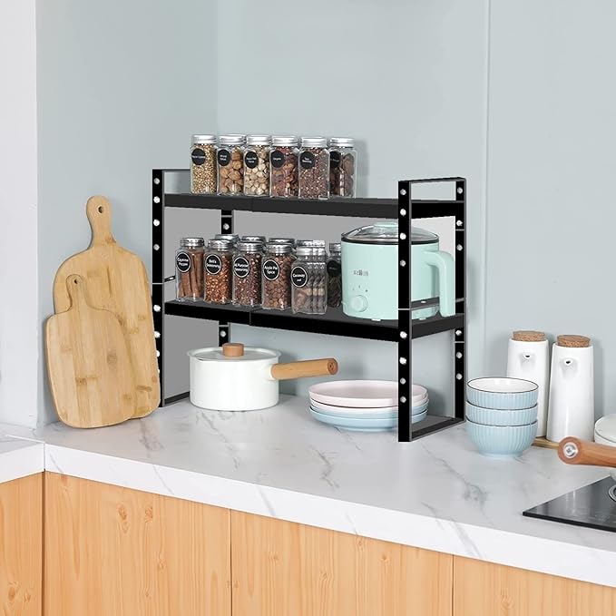 Expandable Stackable Spice Rack Cabinet Shelf Organizer in Cabinets Shelves Kitchen Cupboard Organization Stack up Racks Pantry Countertop Storage Medium/Black 3 Packs