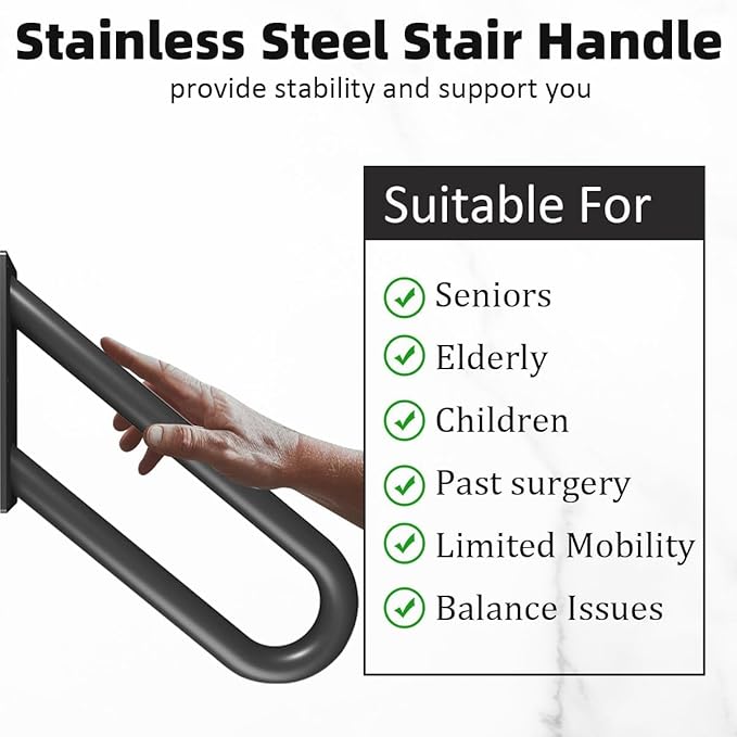 Hand Rails for Outdoor Steps Stair Railing Indoor Rail Metal Heavy Duty Non-Slip 1-3 Step Wall Mount Grab Bars U-Shape Safety Handle Garage Porch Courtyard Doorways (2 Pack 16")