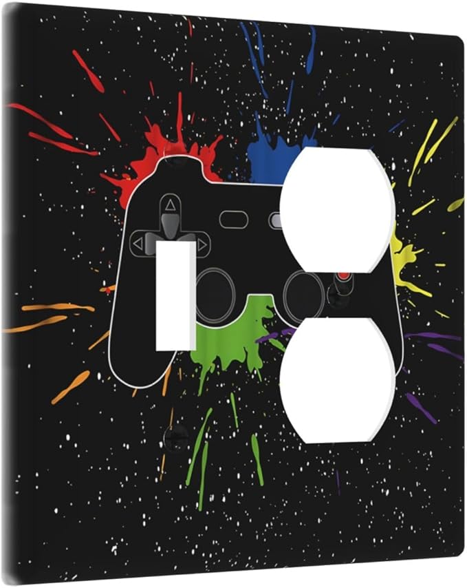 Classic Videogames Controller Black Splash Ink Colorful Wallplates 1 Toggle 1 Duplex Switch Plate Electrical GFCI Faceplate Decorative Light Switch Covers for Kids Room Nursery Decor
