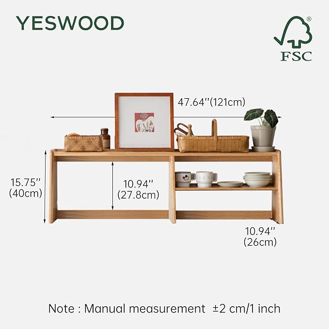 YESWOOD 100% Solid Rubberwood Kitchen Counter Hutch Shelf, Fully Assembled Countertop Organizer Storage Rack, Buffet Hutch Shelf with Trapezoid Structure for Kitchen & Dining Room (Natural, 47.7'')
