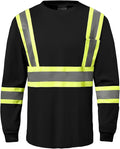 Hi Vis Safety Long Sleeve Shirts，High Visibility Class 3 T Shirts with Reflective Strips and Pocket, Quick Dry Mesh Construction Work Shirt for Men/Women (Black,L)