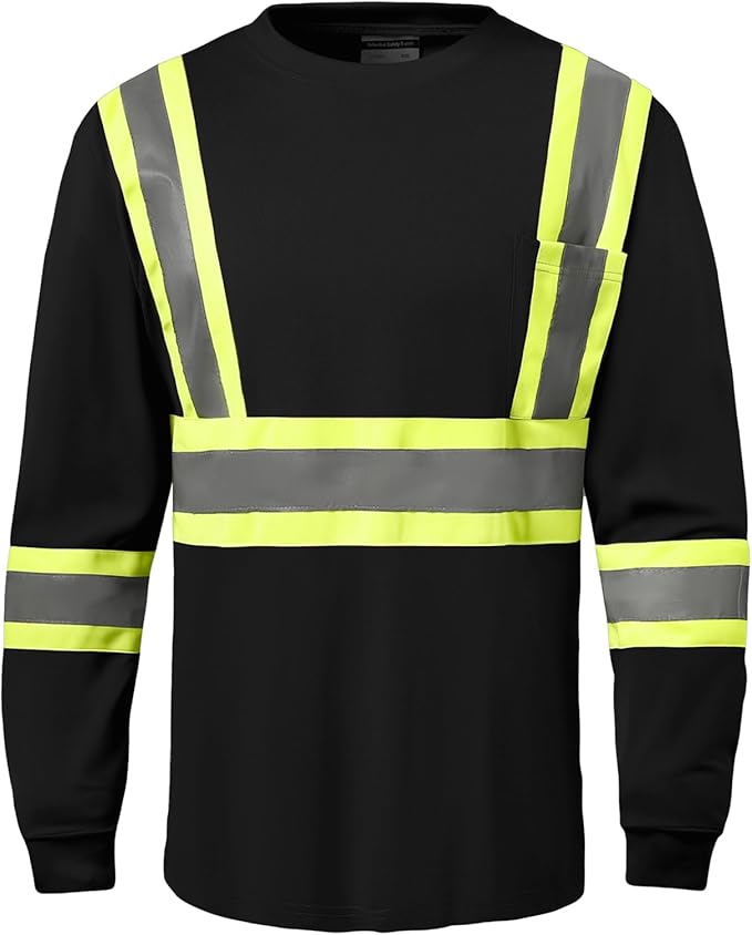 Hi Vis Safety Long Sleeve Shirts，High Visibility Class 3 T Shirts with Reflective Strips and Pocket, Quick Dry Mesh Construction Work Shirt for Men/Women (Black,3XL)