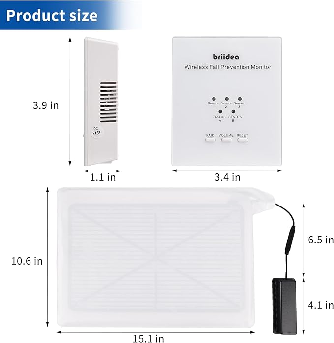 Briidea Wireless Chair Alarm for Elderly Dementia Patients, Fall Prevention Sensor with 3 Alarm Modes, Waterproof 10x15 PVC Pad, 600ft Range, Supports Multiple Pads