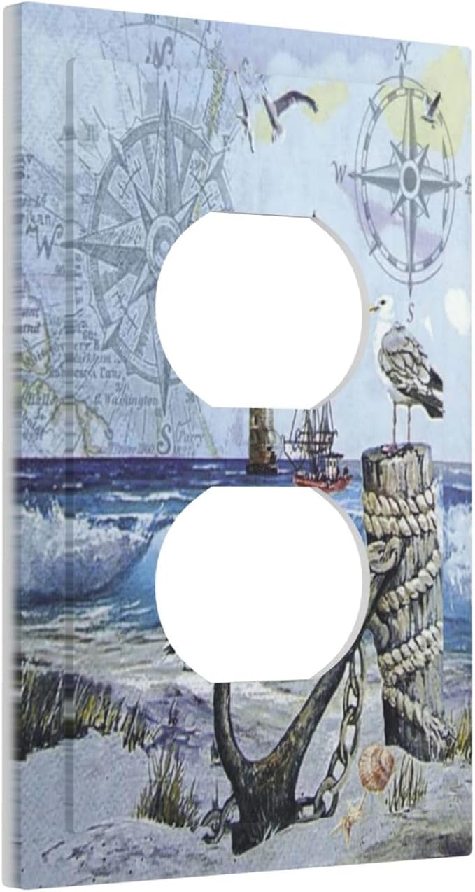 Outlet Covers Sea Ocean Sand Coast Compass Ship Lighthouse Anchor 1 Gang Duplex Light Switch Cover Plate Decorative Wall Plates Electrical Switchplate Receptacle Cover for Bathroom Decor