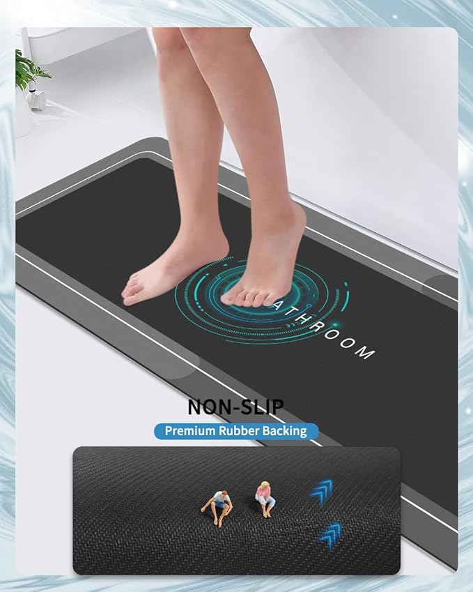 Bath Mat Rug, Rubber Non-Slip Quick Dry Bathroom Rugs, Super Absorbent Bath Mat, Thin Floor Shower Mat Fit Under Door, Bath Rug for Bathtub, Shower and Sink (17"x59",Dark Grey)