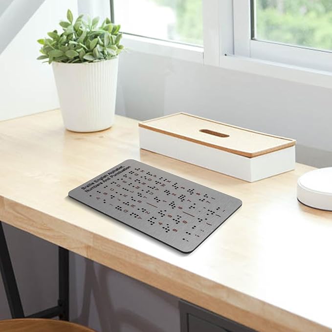 Braille Learning Board For Beginners With Raised Dots, Numbers And Punctuation,Aluminum Tactile Teaching Aid For Visually Impaired, 7.25X4.7 Inches