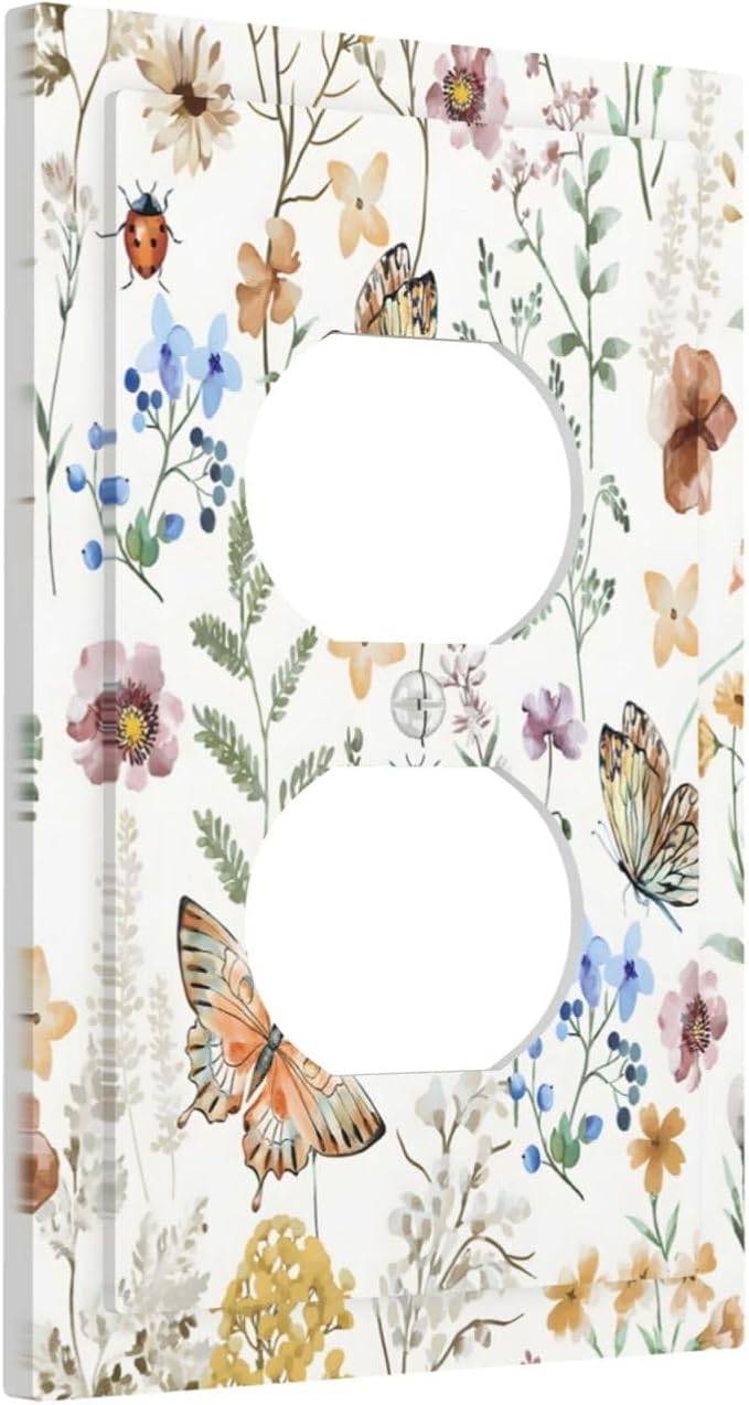 Boho Multicolor Flower Butterfly Insect Floral Outlet Covers 1 Gang Duplex Light Switch Cover Decorative Switch Plates Electrical Receptacle Faceplate Wall Plate for Bedroom Living Room Decor