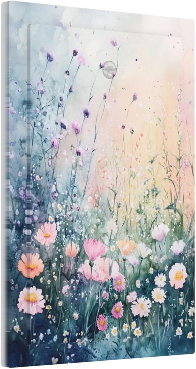 Decorative Light Switch Cover Plate Pink Floral Wildflower Green Plants 1 Gang No Device Single Blank Outlet Covers Wall Plate Switch Plate Covers for Bathroom Decor