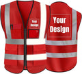 YOWESHOP High Visibility Safety Vest Custom Your Logo Protective Workwear 5 Pockets With Reflective Strips Outdoor Work Vest (Red (L))