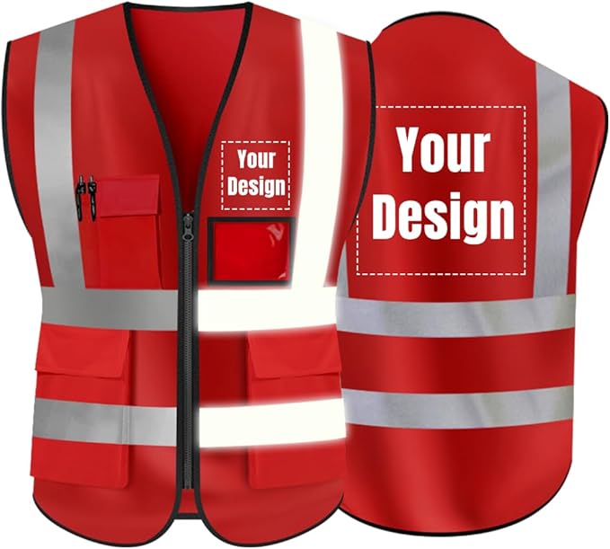 YOWESHOP High Visibility Safety Vest Custom Your Logo Protective Workwear 5 Pockets With Reflective Strips Outdoor Work Vest (Red (3XL))
