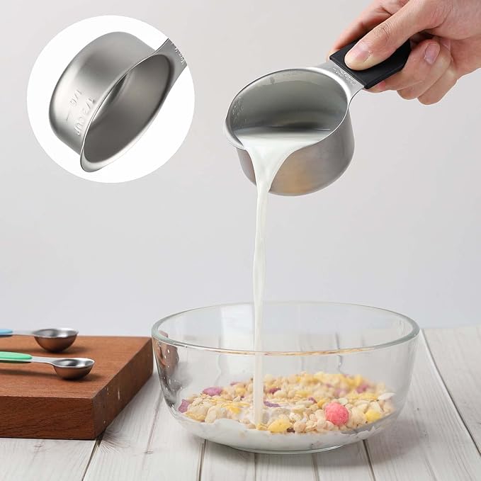 Magnetic Measuring Cups and Spoons Set Including 7 Stainless Steel Stackable Measuring Cup 8 Double Sided Magnetic Measuring Spoons with 1 Leveler for Dry and Liquid Ingredients (black)