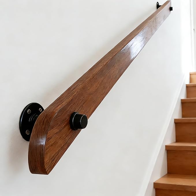 Wood Handrails, Indoor Non-Slip Staircase Handrail,Retro Rustic Wall Mount Railings Handrails, Home Loft Corridor Support Rod,Industrial Pipe Support, Easy to Install (Dark Wood, 4FT)