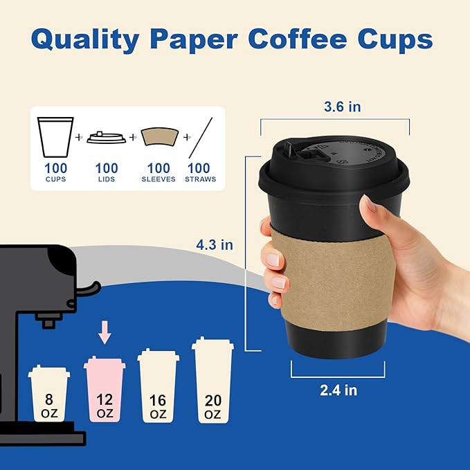 12 oz 100 Pack Coffee Cups with Lids and Sleeves, Straws, Hot Disposable To Go Travel Paper Cups Bulk for Office, Home Coffee Bar Accessories, Chocolate, Cocoa, Beverage (Black)