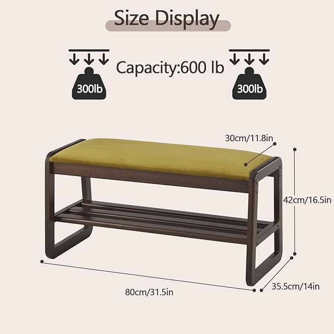 Shoe Rack Bench,2 Tier Wooden Entryway Bench with Shoe Storage, Shoe Rack with Cushion for Living Room, Hallway(Olive Green, 31.5")