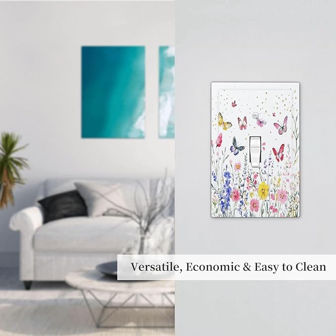 Decorative Light Switch Cover Watercolor Floral Butterfly Colorful Wildflower 1 Gang Single Toggle Device Electrical Faceplate Switchplates Decorator Outlet Wall Plate For Bed Room Decor
