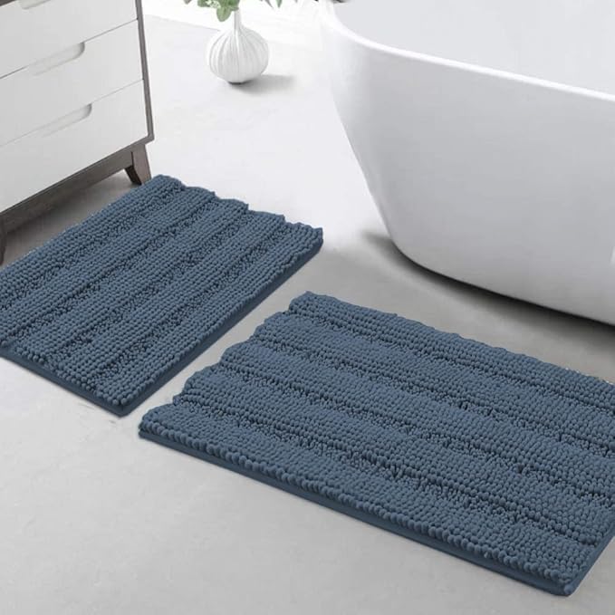 Turquoize Chenille Bathroom Rugs Set Non-Slip Bath Mats Extra Soft and Absorbent Shaggy for Floor Indoor Mat Kitchen/Entryway (20" x 32" and 17" x 24"), Blue Indigo