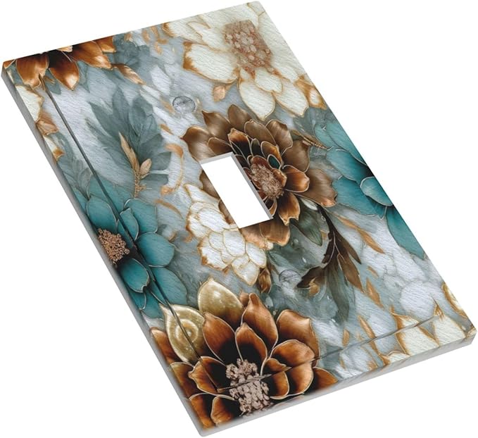 Vintage Marble Floral Gold/Green/White Metal Flowers Single Toggle Light Switch Covers Decorative 1 Gang Wall Plate Electrical Device Switchplate Dimmer Faceplate for Bathroom Decor