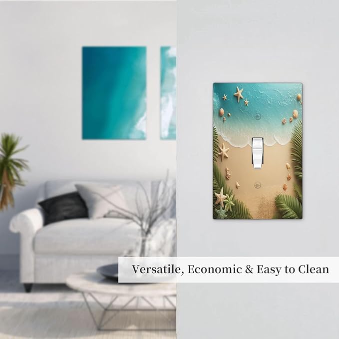 Decorative Light Switch Cover Summer Beach Themed Starfish Seashells 1 Gang Single Toggle Device Electrical Faceplate Switchplates Decorator Outlet Wall Plate for Bedroom Bathroom Decor