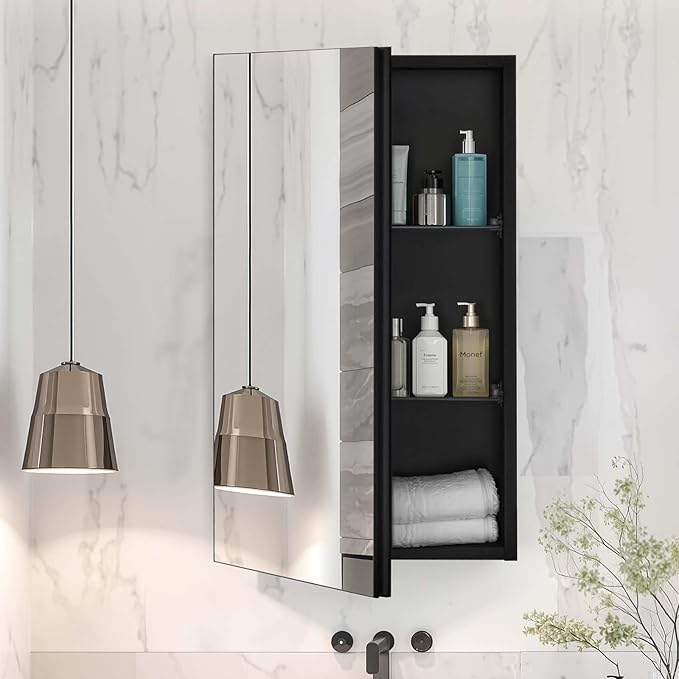 VEVOR Medicine Cabinet, 14 x 24 inches, Medicine Cabinet for Bathroom with Mirror, Aluminum Frame Bathroom Wall Cabinet, 2-Layer Adjustable Shelves, Recessed & Wall-Mounted Installation