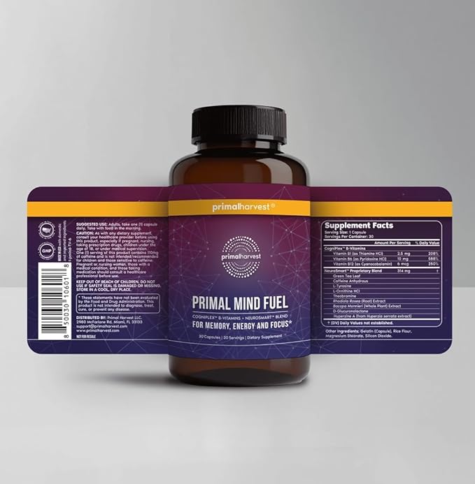 2 Pack, Primal Mind Fuel Brain Booster for Focus, Energy, Clarity, Memory Brain Health 30 Capsules Nootropics Brain Support Supplement for Men and Women