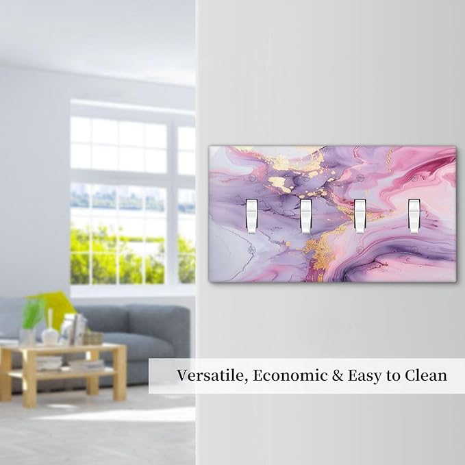Light Switch Covers Pink Marble Abstract Purple Gold Texture Quad Toggle Electrical Faceplate 4 Gang Wall Plate Decorative Switch Plates for Bathroom living Room Decor